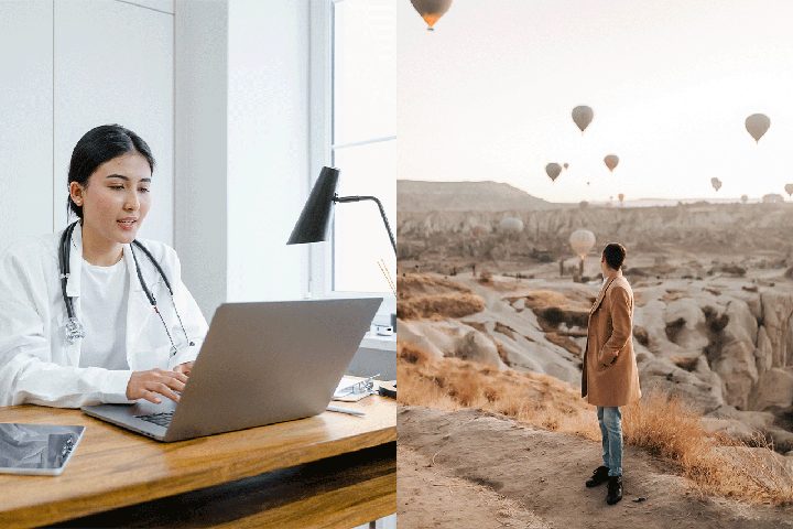  Doctor talking and a woman admiring the lanscape of Capadocia